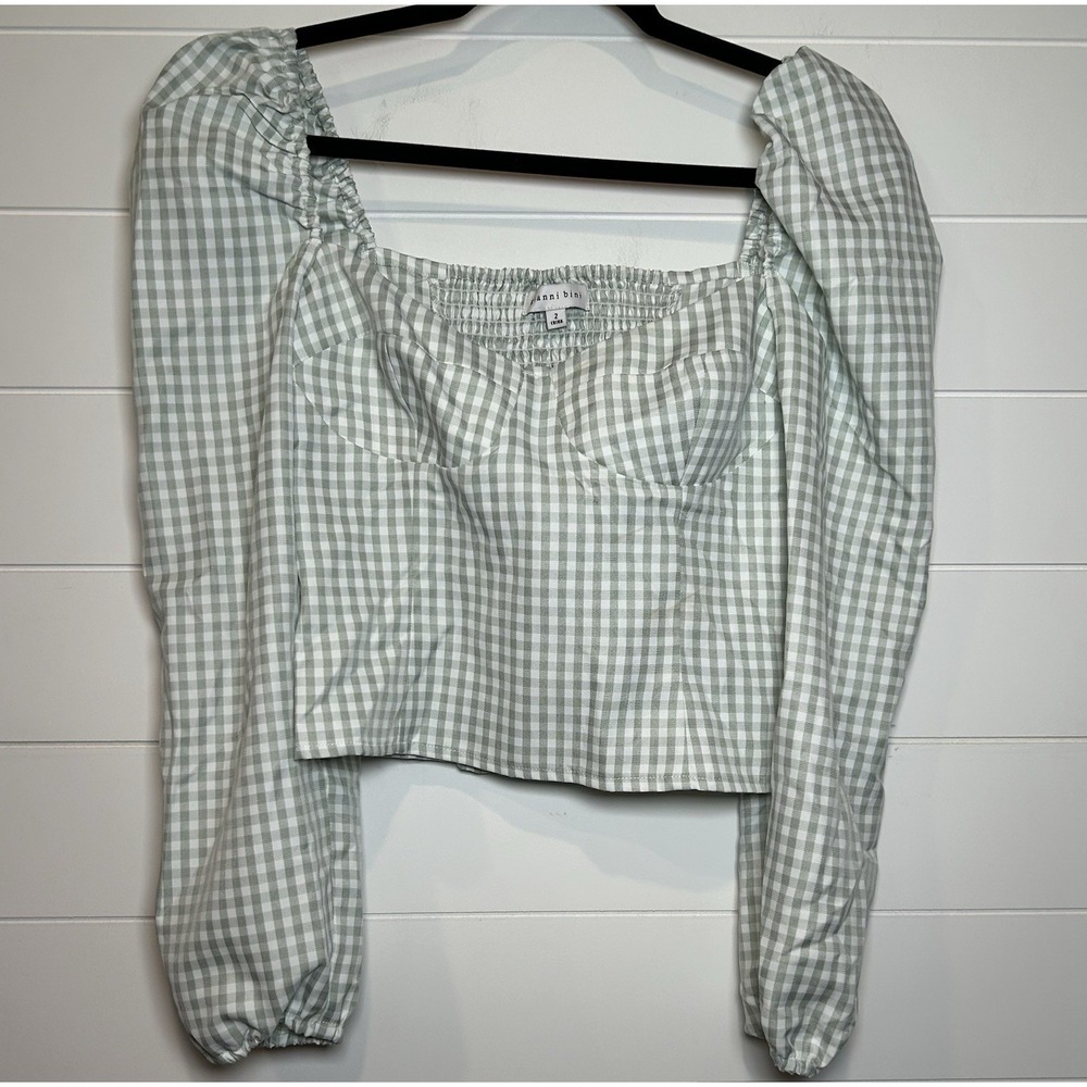 Gianni Bini Women's Size 2 Top‎ Green Gingham Cropped Elastic
